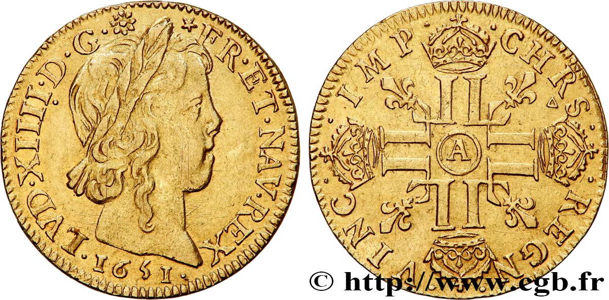 LOUIS XIV  THE SUN KING  Louis d’or aux huit L, portrait à la mèche longue 1651 Paris AU