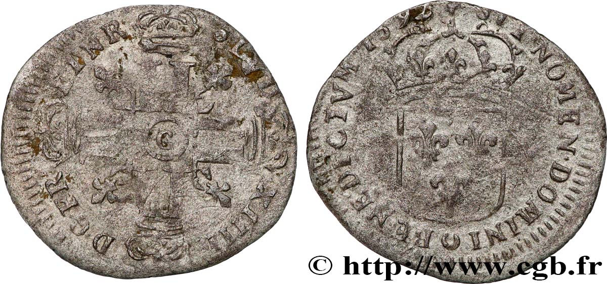 LOUIS XIV  THE SUN KING  Quinzain ou sol 1692 Poitiers VF/XF