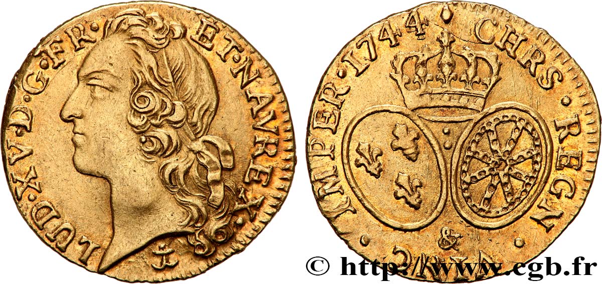 LOUIS XV  THE WELL-BELOVED  Louis d’or aux écus ovales, tête ceinte d’un bandeau 1744 Aix-en-Provence AU/MS