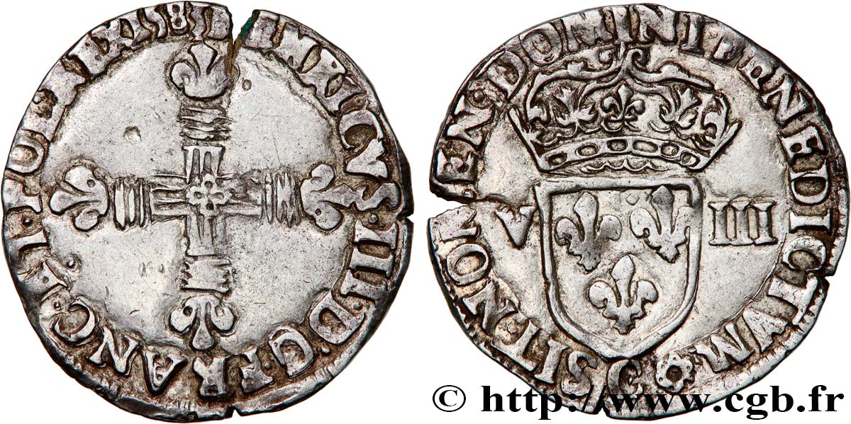 HENRY III Huitième d écu, croix de face 1583 Saint-Lô MBC