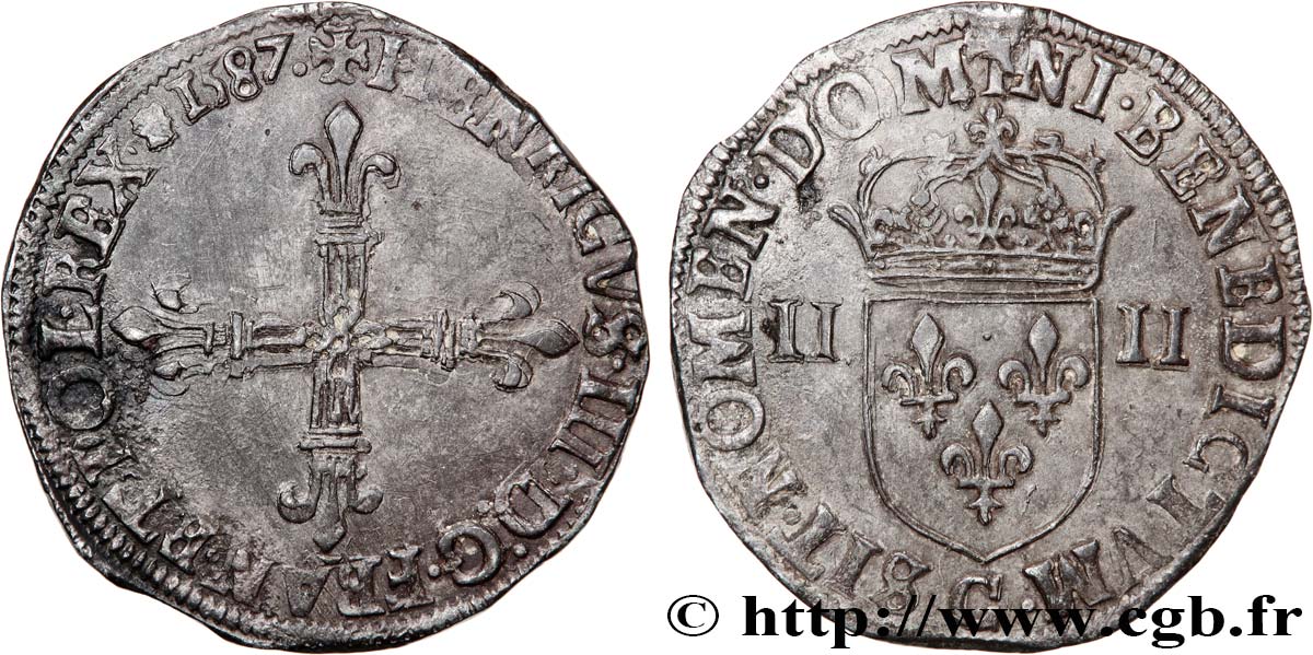 HENRY III Quart d écu, croix de face 1587 Saint-Lô SS