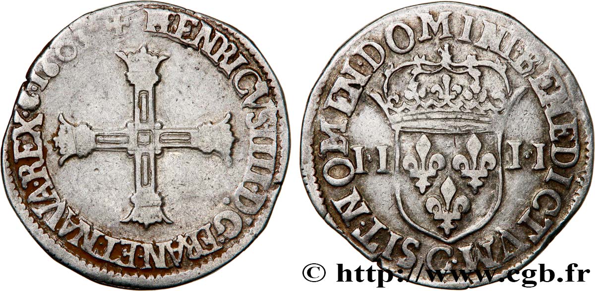 HENRI IV LE GRAND Quart d écu, croix bâtonnée et couronnée de face 1603 Saint-Lô TB+/TTB