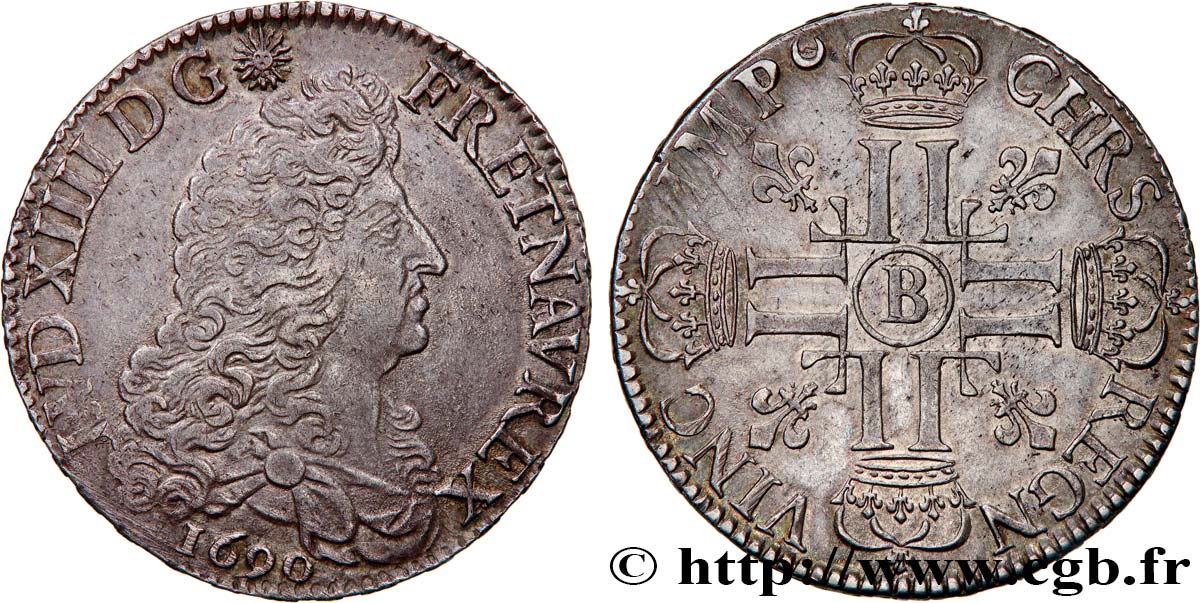 LOUIS XIV  THE SUN KING  Écu aux huit L, 1er type 1690 Rouen MBC+