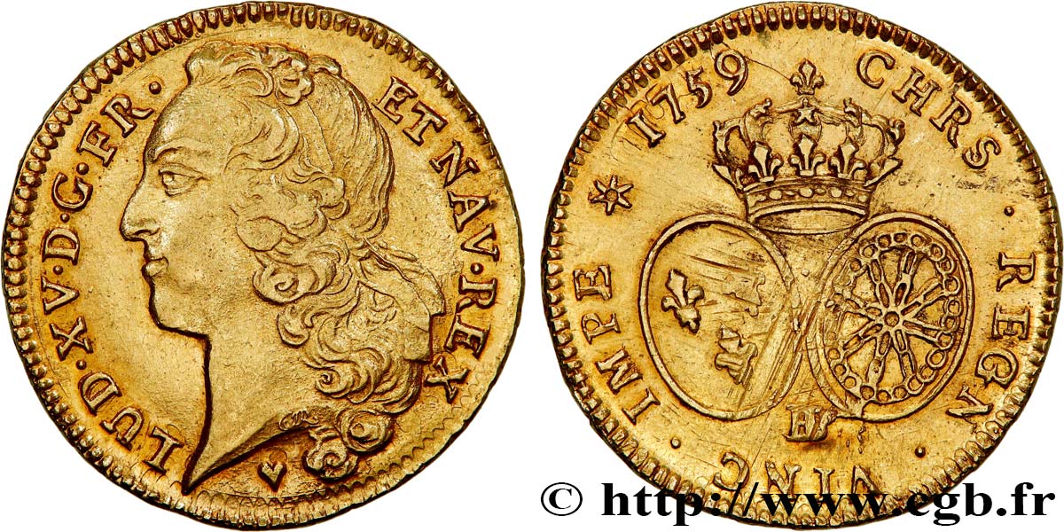 LOUIS XV THE BELOVED Double louis d’or aux écus ovales, tête ceinte d’un bandeau 1759 Strasbourg AU