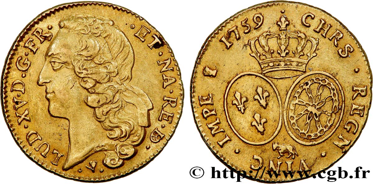 LOUIS XV DIT LE BIEN AIMÉ Double louis d’or aux écus ovales, tête ceinte d’un bandeau 1759 Pau TTB+