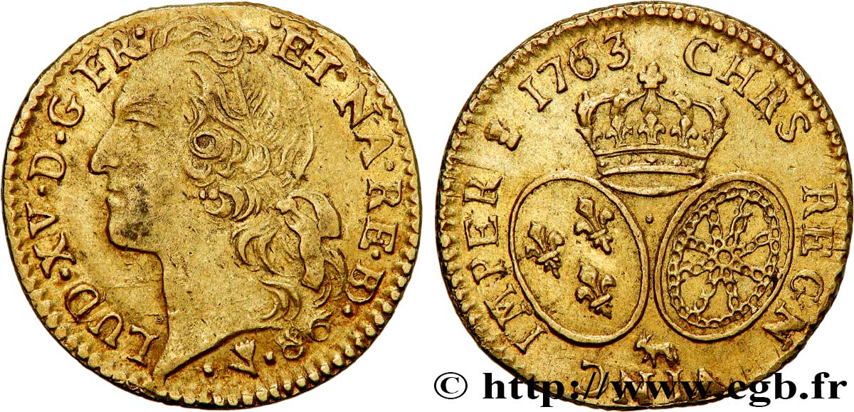 LOUIS XV THE BELOVED Louis d’or aux écus ovales, tête ceinte d’un bandeau 1763 Pau XF/AU