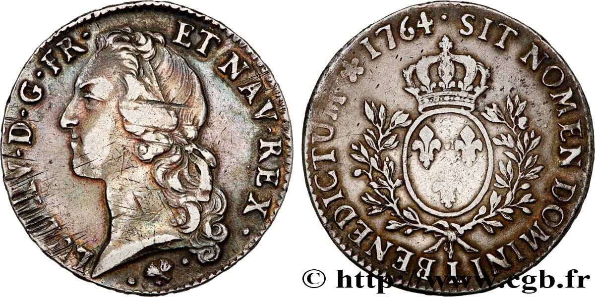 LOUIS XV THE BELOVED Écu aux branches d’olivier, tête ceinte d’un bandeau 1764 Bayonne XF