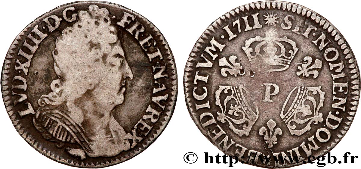 LOUIS XIV  THE SUN KING  Dixième d écu aux trois couronnes 1711 Dijon VF