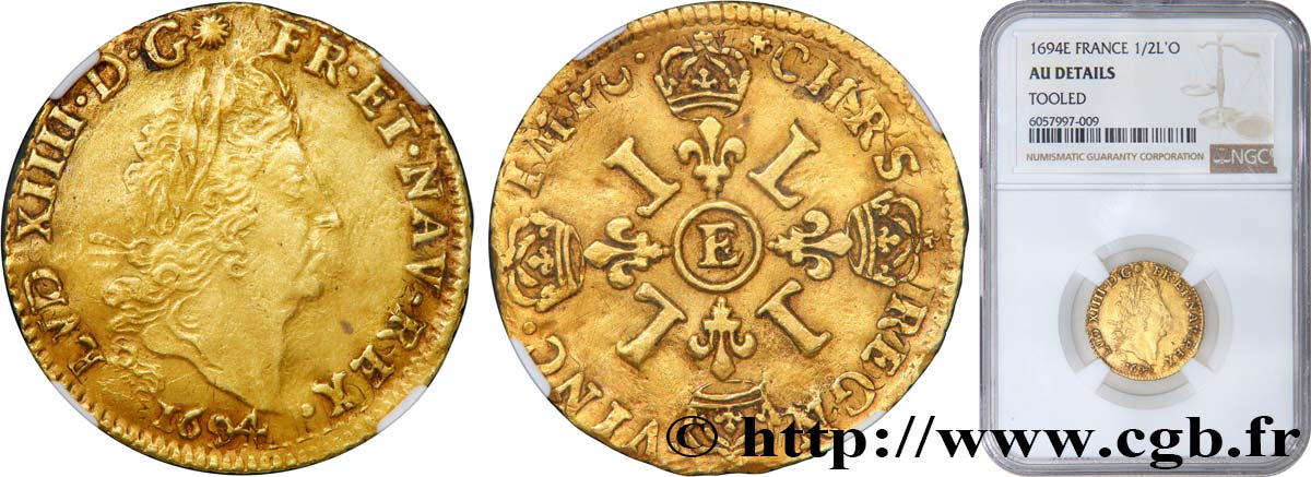 LOUIS XIV  THE SUN KING  Demi-louis d or aux quatre L 1694 Tours BB