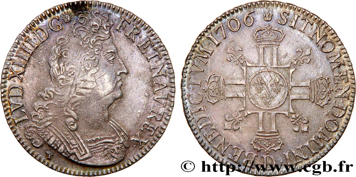 LOUIS XIV  THE SUN KING  Écu aux huit L, 2e type 1706 Lyon q.SPL/SPL