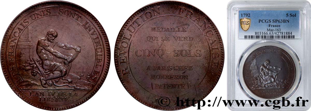 REVOLUTION COINAGE Monneron de 5 sols à l Hercule 1792  fST63