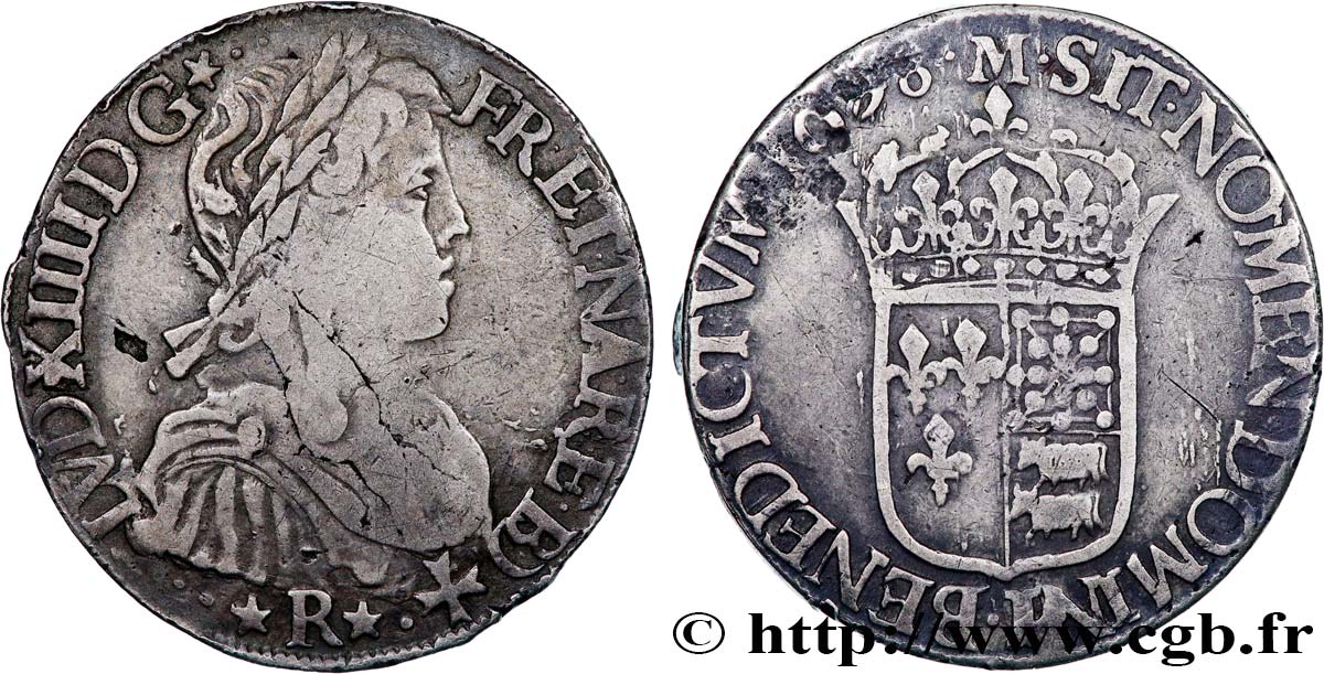 LOUIS XIV  THE SUN KING  Écu de Béarn, portrait à la mèche longue 1658 Morlaàs VF