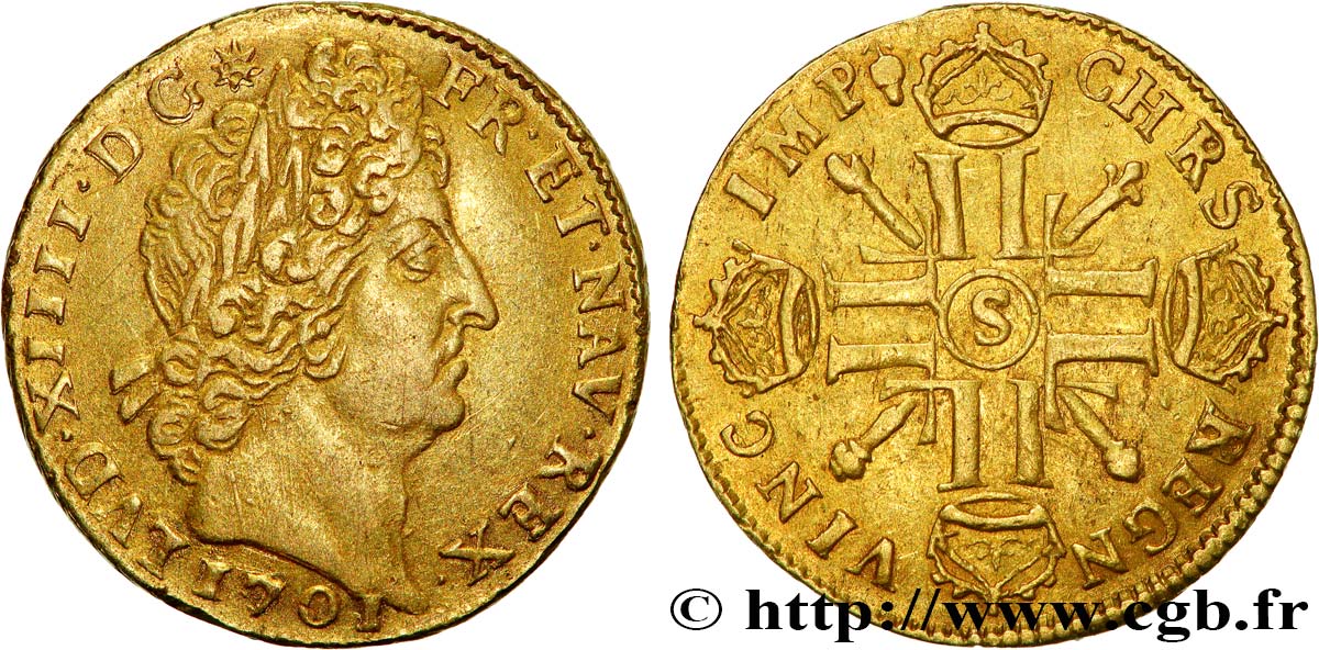LOUIS XIV  THE SUN KING  Louis d’or aux huit L et aux insignes 1701 Reims MBC