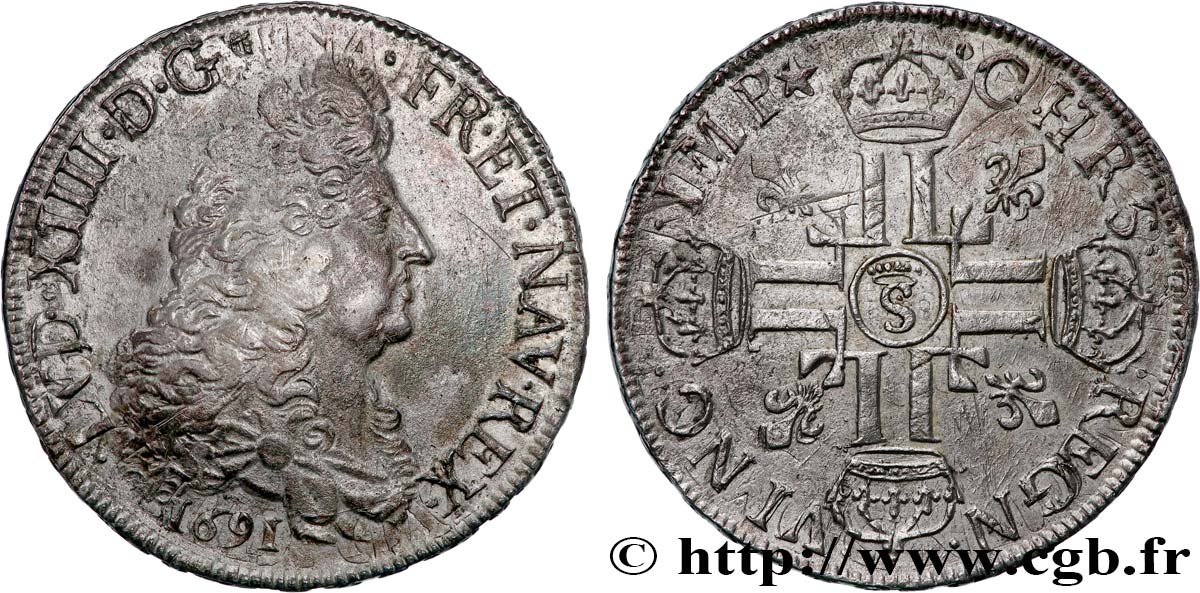 LOUIS XIV  THE SUN KING  Écu aux huit L, 1er type 1691 Troyes XF