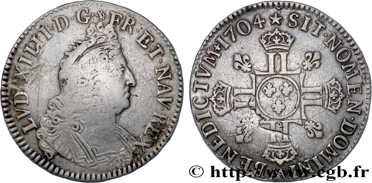 LOUIS XIV  THE SUN KING  Demi-écu aux huit L, 2e type 1704 Metz MB/q.BB
