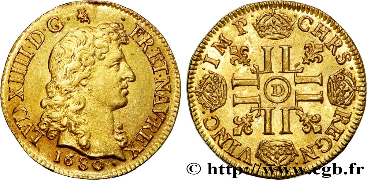 LOUIS XIV  THE SUN KING  Louis d or aux huit L, portrait à la tête nue 1680 Lyon EBC/SC