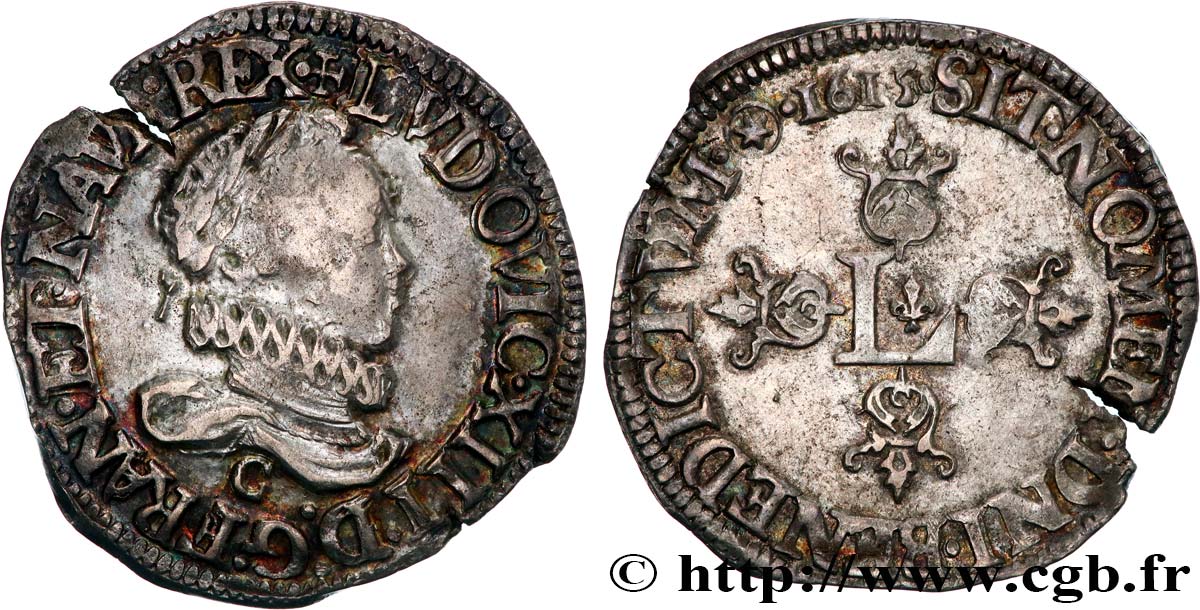 LOUIS XIII  Demi-franc au grand buste lauré et au col fraisé 1615 Saint-Lô SS