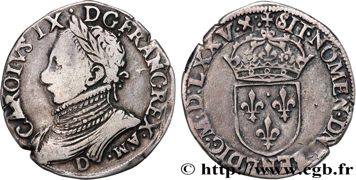HENRY III. COINAGE IN THE NAME OF CHARLES IX Teston, 11e type 1575 Lyon XF