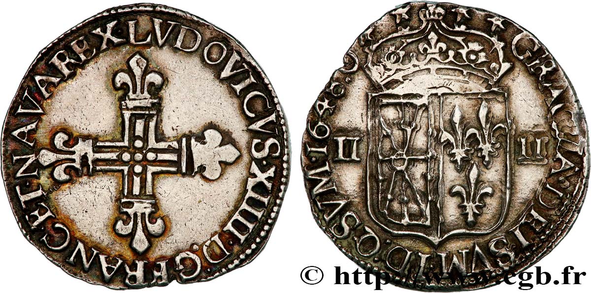 LOUIS XIV LE GRAND OU LE ROI SOLEIL Quart d écu de Navarre, écu parti de Navarre et de France 1648 Saint-Palais TTB+/SUP