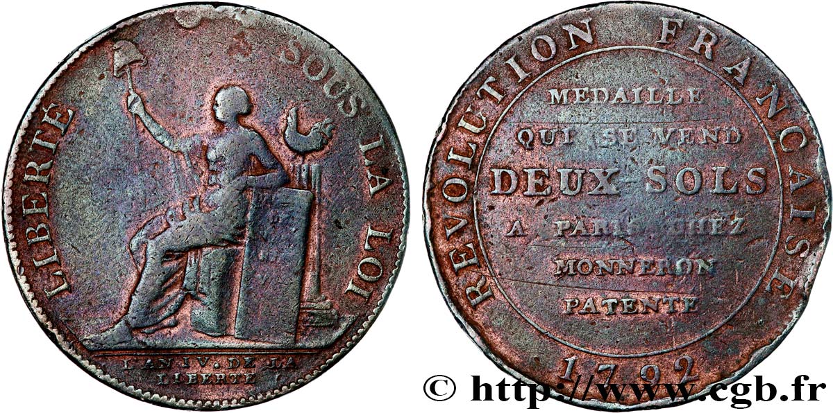 CONFIANCE (MONNAIES DE...) Monneron de 2 sols à la Liberté 1792 Birmingham, Soho TB+