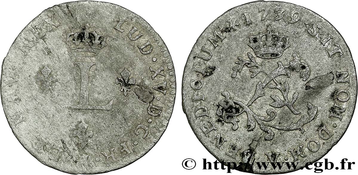 LOUIS XV  THE WELL-BELOVED  Double sol de billon 1739 Troyes BC+