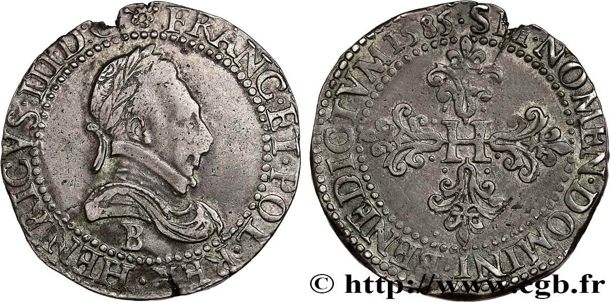 HENRY III Franc au col plat 1585 Rouen VF/XF