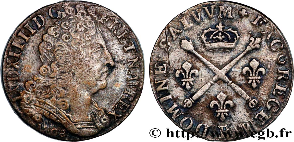 LOUIS XIV  THE SUN KING  20 sols aux insignes 1708 Rouen XF