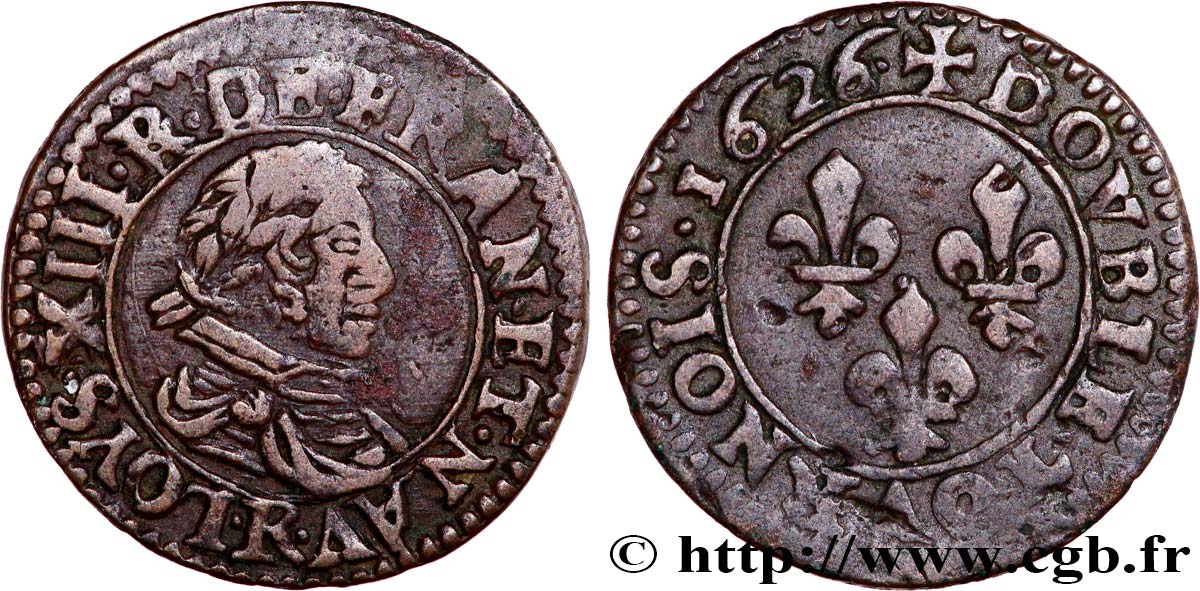 LOUIS XIII Double tournois, type 4 de Villeneuve 1626 Saint-André de Villeneuve-lès-Avignon XF