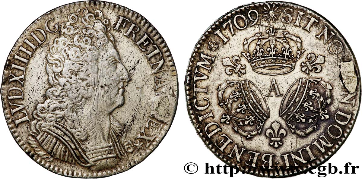 LOUIS XIV LE GRAND OU LE ROI SOLEIL Écu aux trois couronnes 1709 Paris TB+/TTB