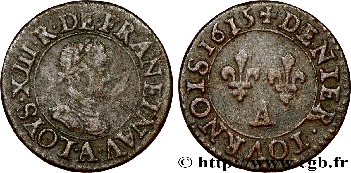 LOUIS XIII LE JUSTE Denier tournois, type 1 1615 Paris TB+