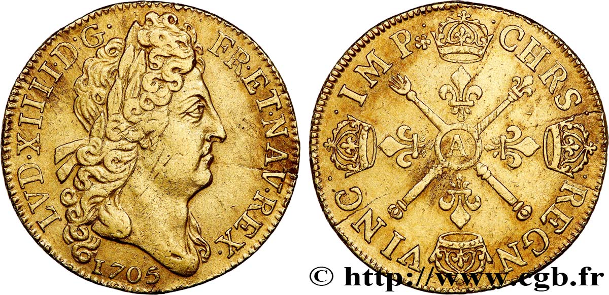 LOUIS XIV LE GRAND OU LE ROI SOLEIL Double louis d or aux insignes, portrait aux cheveux longs 1705 Paris TTB+