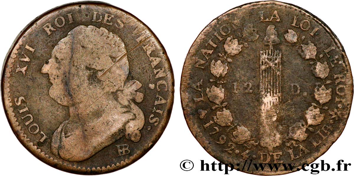 LOUIS XVI (MONARQUE CONSTITUTIONNEL) 12 deniers dit au faisceau , type FRANÇAIS 1792 Strasbourg TB