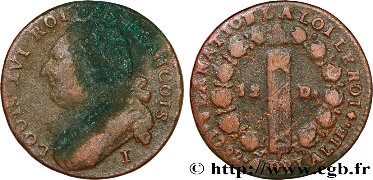 LOUIS XVI (MONARQUE CONSTITUTIONNEL) 12 deniers dit au faisceau , type FRANCOIS 1792 Limoges TB