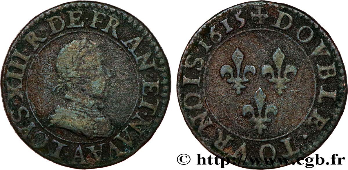 LOUIS XIII LE JUSTE Double tournois, type 1 1615 Paris, Moulin du Louvre TB/TB+