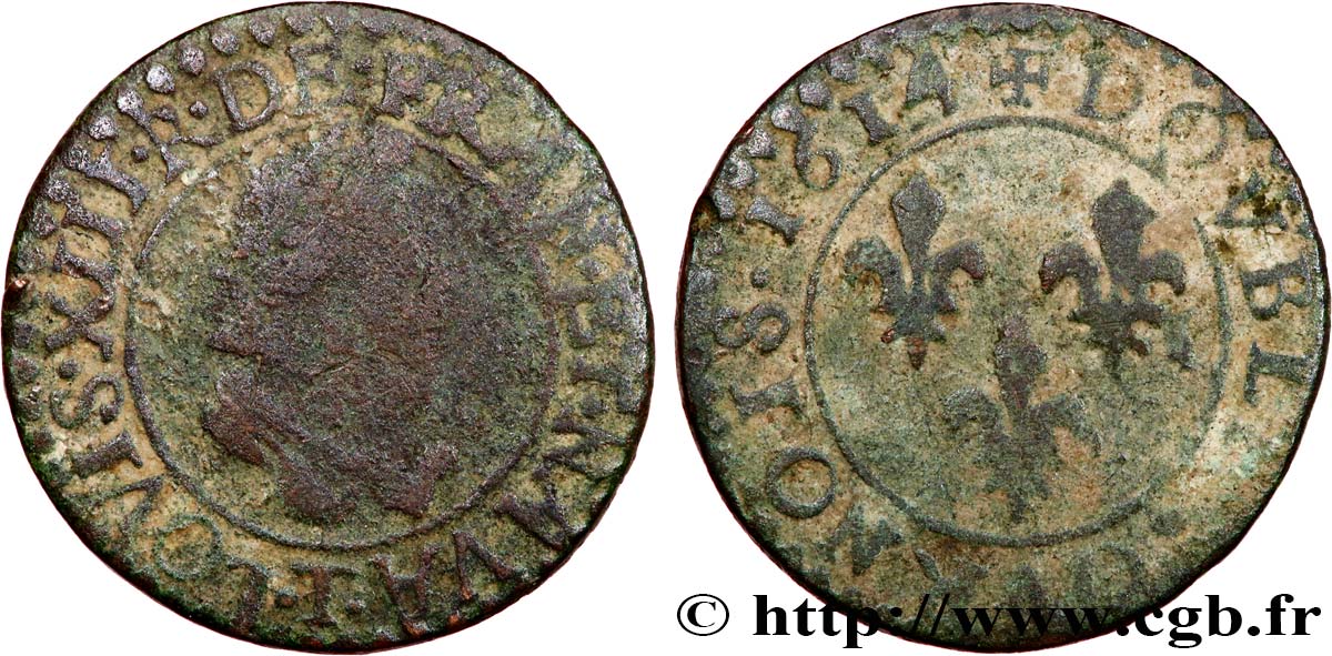 LOUIS XIII LE JUSTE Double tournois, type 2 1614 Nantes TB