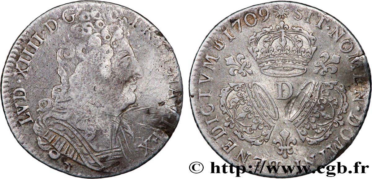 LOUIS XIV  THE SUN KING  Quart d écu aux trois couronnes 1709 Lyon VF/XF