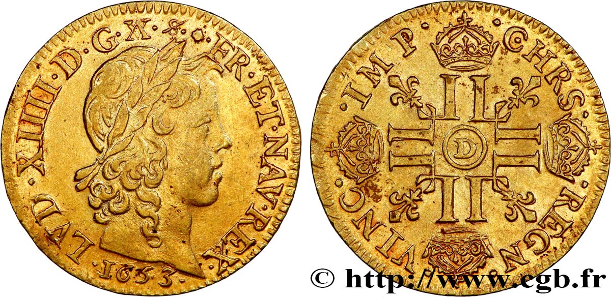 LOUIS XIV  THE SUN KING  Louis d’or aux huit L, portrait à la mèche longue 1653 Lyon VZ