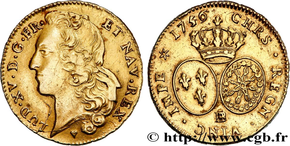 LOUIS XV  THE WELL-BELOVED  Double louis d’or aux écus ovales, tête ceinte d’un bandeau 1756 Strasbourg XF