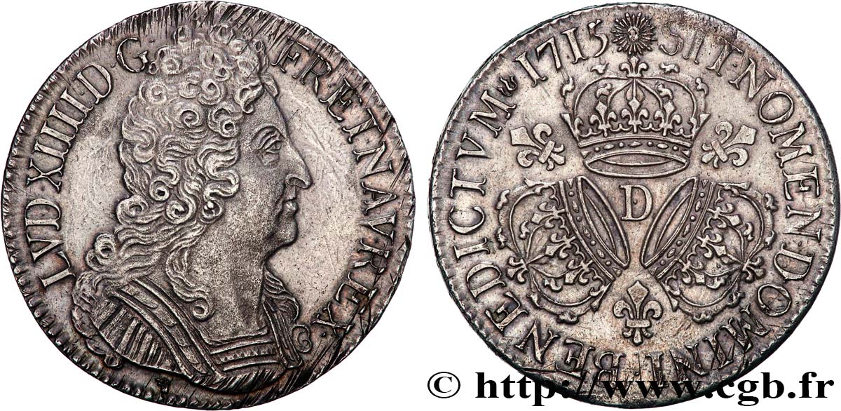 LOUIS XIV  THE SUN KING  Écu aux trois couronnes 1715 Lyon EBC