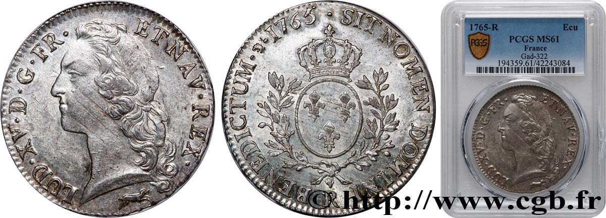 LOUIS XV  THE WELL-BELOVED  Écu aux branches d’olivier, tête ceinte d’un bandeau 1765 Orléans MS61