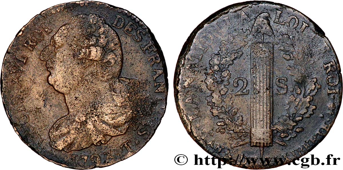 LOUIS XVI (MONARQUE CONSTITUTIONNEL) 2 sols dit au faisceau , type FRANÇOIS 1793 Nantes TB+