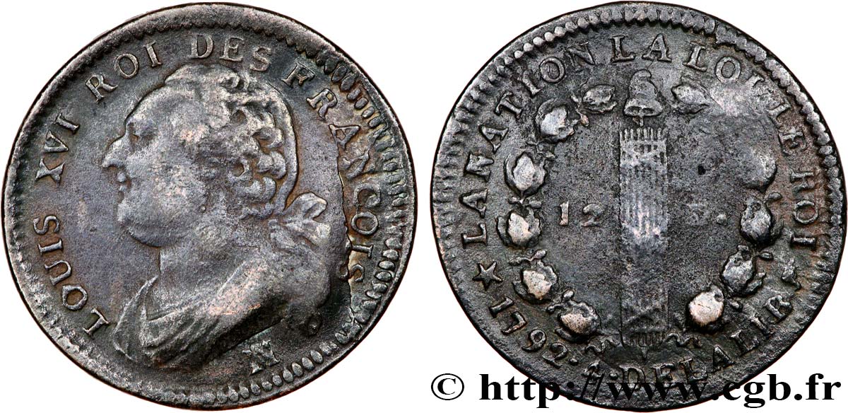 LOUIS XVI (MONARQUE CONSTITUTIONNEL) 12 deniers dit au faisceau , type FRANCOIS 1792 Marseille TB+