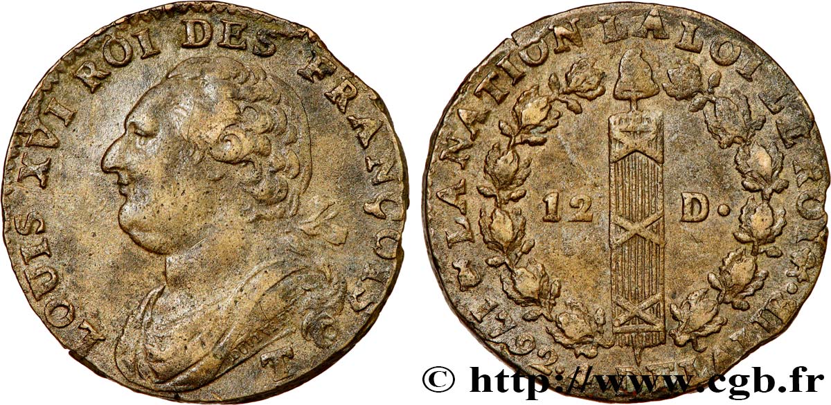 LOUIS XVI (MONARQUE CONSTITUTIONNEL) 12 deniers dit au faisceau , type FRANÇOIS 1792 Nantes TTB