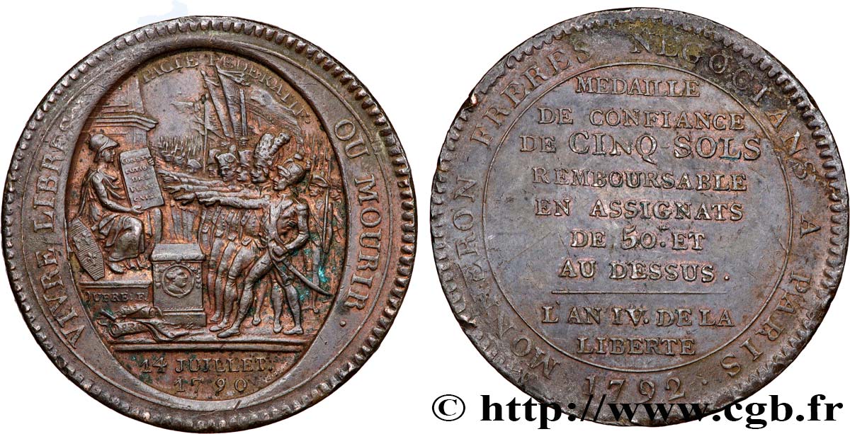 REVOLUTION COINAGE Monneron de 5 sols au serment (An IV), 3e type 1792 Birmingham, Soho XF