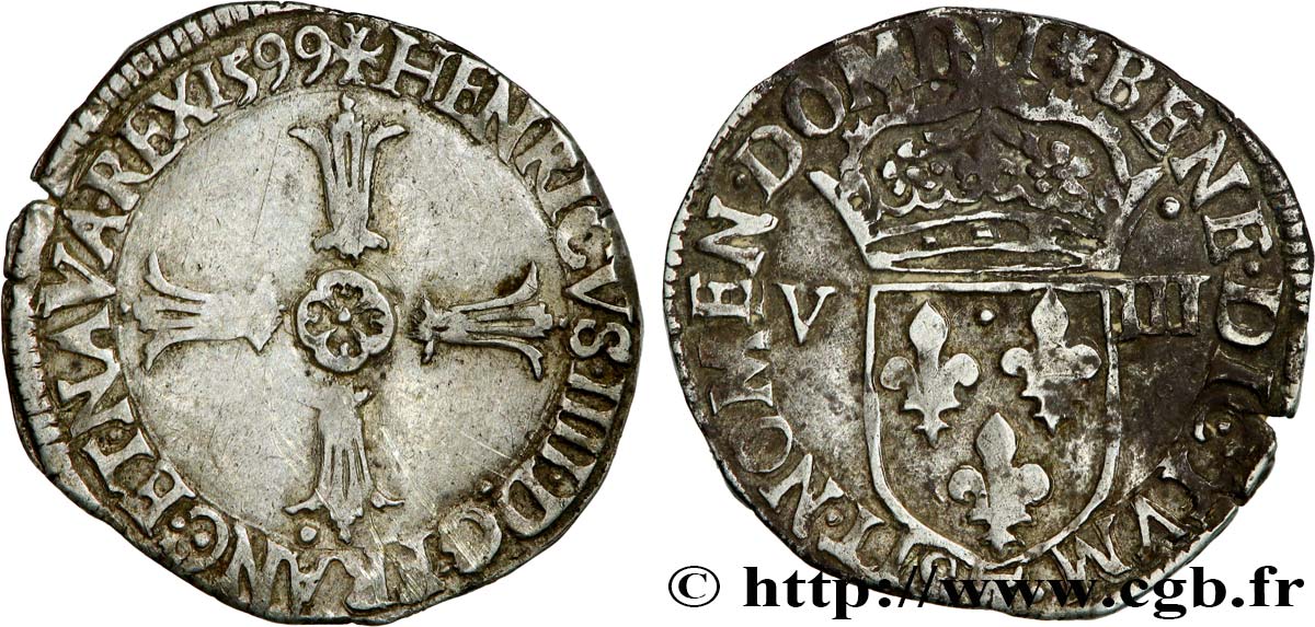 HENRY IV Huitième d écu, croix feuillue de face 1599 Nantes XF