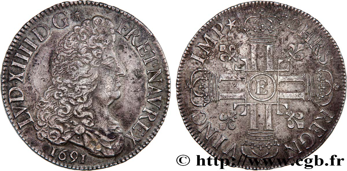 LOUIS XIV  THE SUN KING  Écu aux huit L, 1er type 1691 Tours fVZ