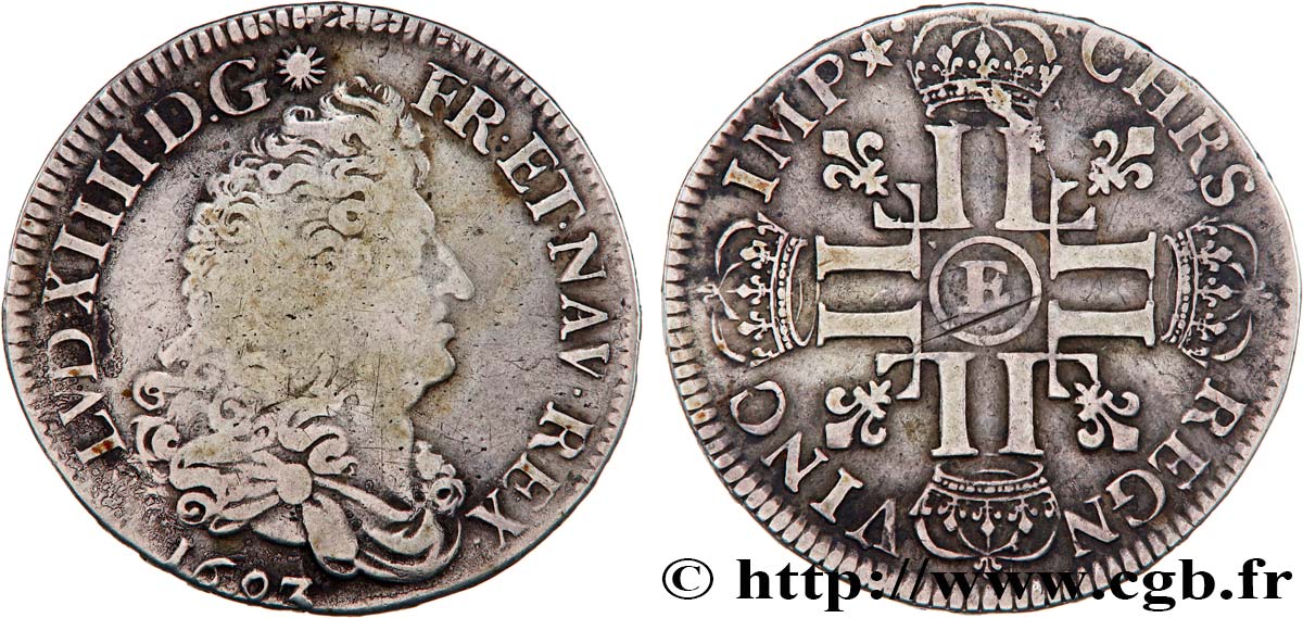 LOUIS XIV  THE SUN KING  Demi-écu aux huit L, 1er type 1693 Tours MB/q.BB