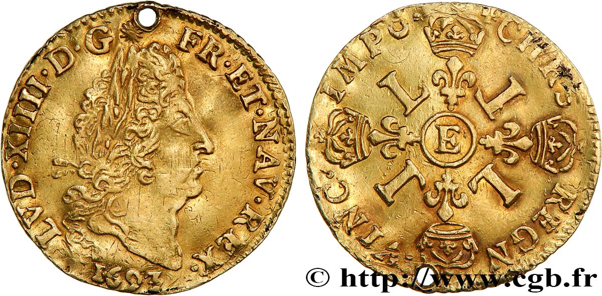 LOUIS XIV  THE SUN KING  Demi-louis d or aux quatre L 1693 Tours XF
