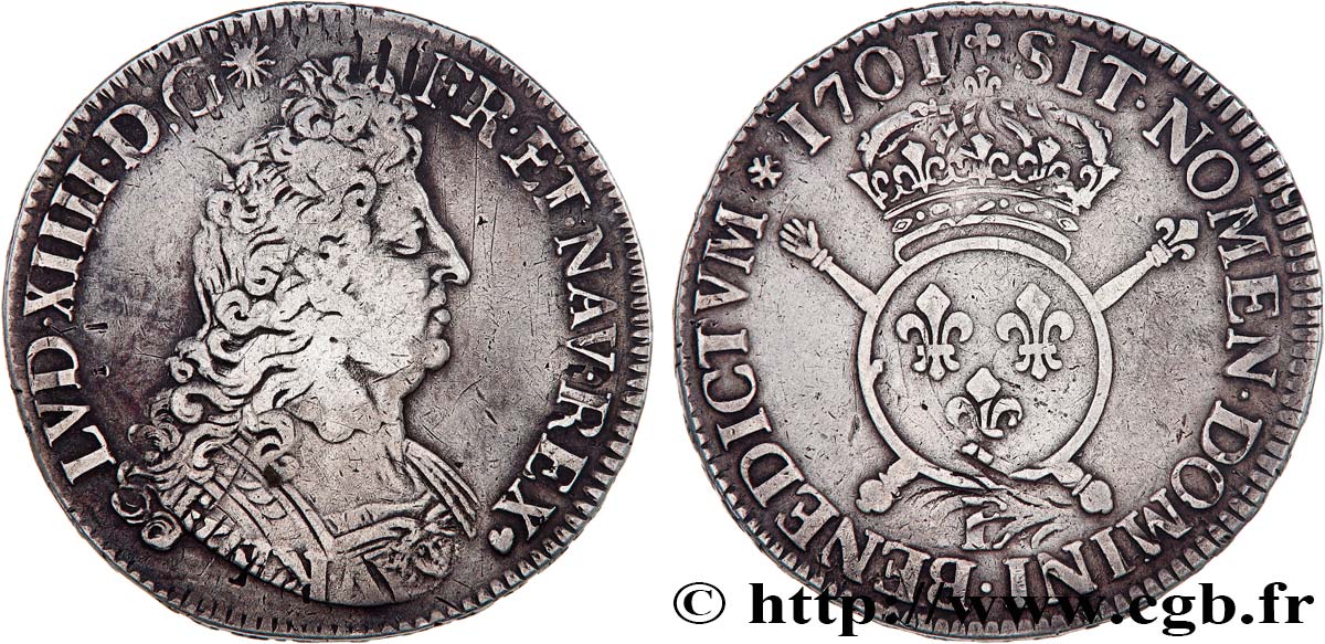 LOUIS XIV  THE SUN KING  Écu aux insignes 1701 Tours VF/XF
