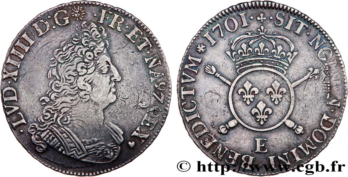 LOUIS XIV  THE SUN KING  Demi-écu aux insignes 1701 Tours BB/q.SPL